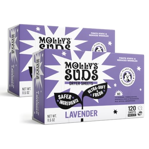 Molly's Suds Fabric Softener Dryer Sheets - Plant-Based Static Reducer, Lavender, Bundle of 2