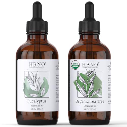 HBNO Eucalyptus & Organic Tea Tree Essential Oils - Natural, Cruelty-Free - 4oz Each