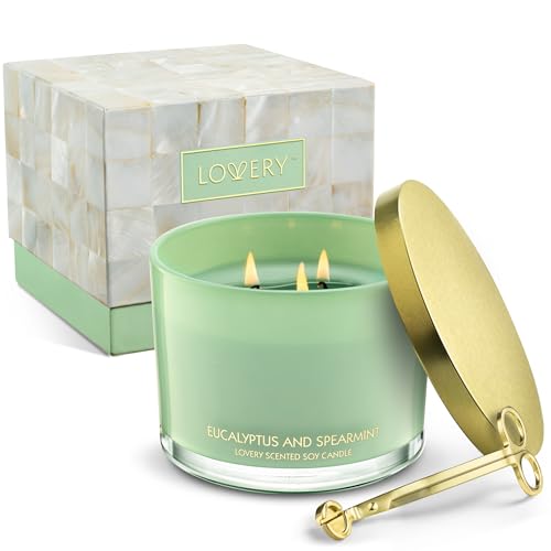 Lovery Eucalyptus Spearmint Candle Set - Strong Scent, Natural Soy, Gift Ready - 3 Wicks