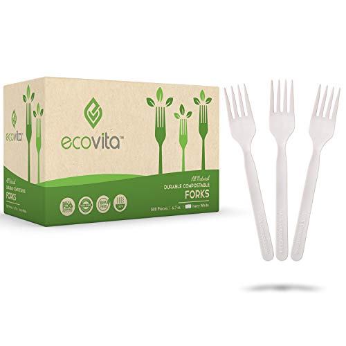 Ecovita Compostable Forks - Durable Plant-Based Utensils, 500 Count with Recyclable Tray