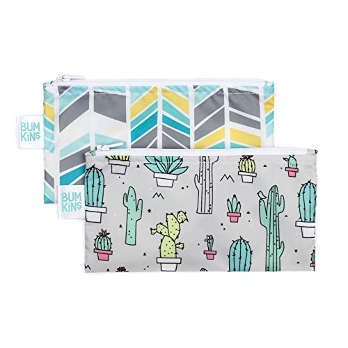 Bumkins Reusable Snack Bags - Washable, Food-Safe, Waterproof Fabric, 2-Pack Cactus & Quill