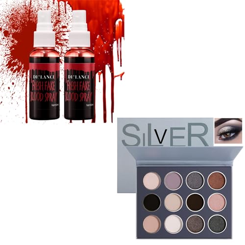 Halloween Makeup Eyeshadow Palette & Blood Spray - 12 Colors, Vegan & Non-Toxic - 2 PCS