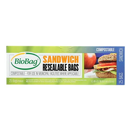 BioBag Compostable Sandwich Bags - 25 Count, Perfect for Lunches & Snacks, 6.5x6.7 inches