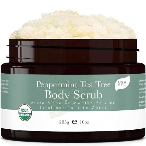 Peppermint Tea Tree Body Scrub - Moisturizing Exfoliator for Dry Skin, Organic Ingredients - 12oz