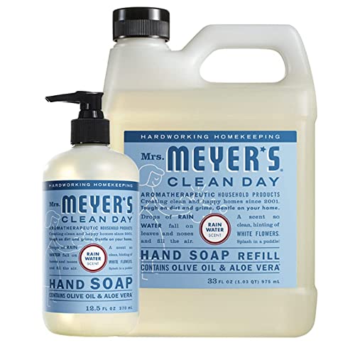 Mrs. Meyer's Hand Soap - Rain Water Scent, Essential Oils, Cruelty-Free - 1 Refill & 1 Hand Soap