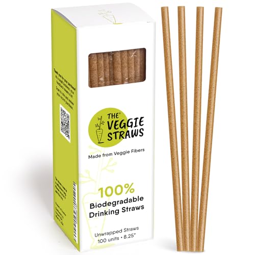 The Veggie Straws - 100 Biodegradable Vegetable Fiber Straws for Hot & Cold Beverages - 8.25in