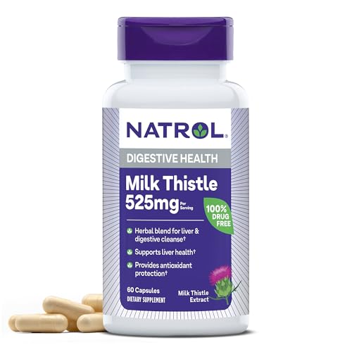 Natrol Milk Thistle Supplement - Supports Digestive & Liver Health, 525 mg per Serving - 60 Capsules