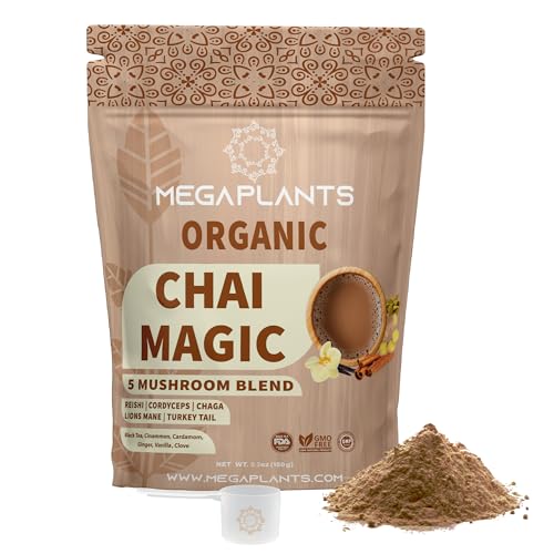 MEGAPLANTS Chai Magic Superfood - Focus & Energy with 5 Mushroom Blend, 50 Servings