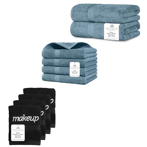 Premium 100% Cotton Towel Set - Soft, Absorbent, Quick-Dry, Chemical-Free - 10 Pack in Blue & Black