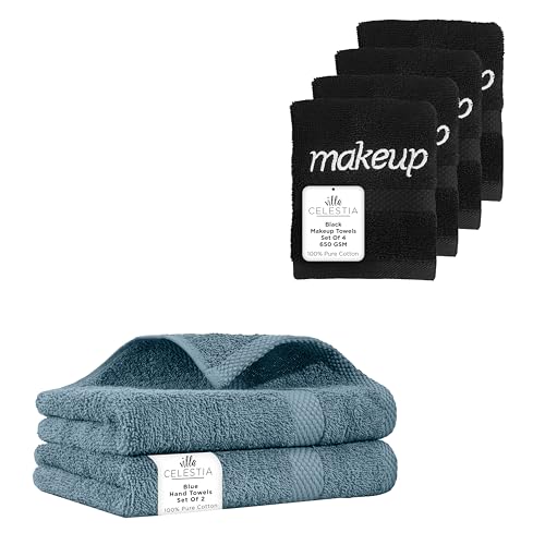 Plush 100% Cotton Towel Set - Ultra Absorbent, Soft for Home & Salon - 6 Pack, Blue & Black