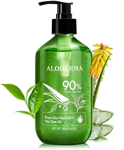 Aloderma Aloe Vera Gel with Tea Tree Oil - Hydrating, Nourishing, USDA Organic - 10.6 Oz