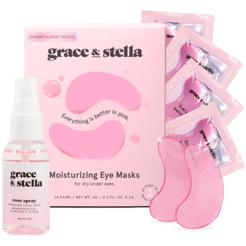 grace & stella Eye Mask - Reduces Puffiness, Rose Water Spray & Hyaluronic Acid - 24 Pairs + 30ml
