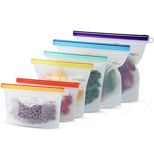 HOMELUX THEORY Reusable Silicone Food Storage Bags - Airtight, Leakproof, 6 Pack Set (2L, 2M, 2S)