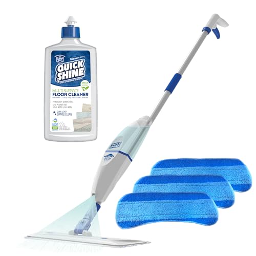 Quick Shine Spray Mop Kit - Efficient Multi-Surface Cleaner, 3 Reusable Pads, 16oz Cleaner