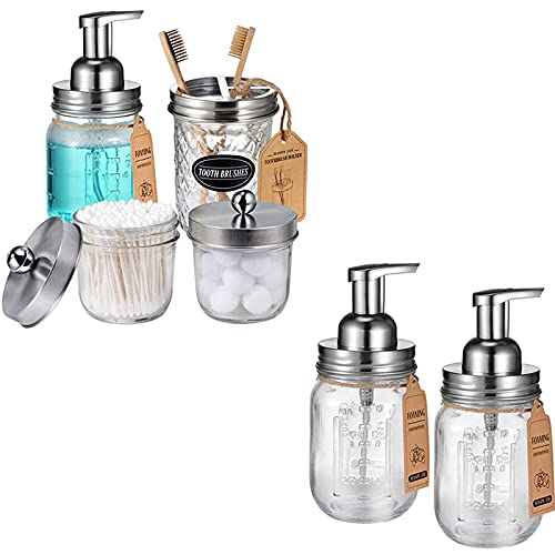 Brushed Nickel Mason Jar Bathroom Accessories Set - Durable Soap Dispenser & Cotton Holders - 6pcs