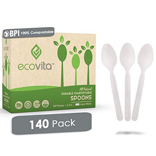 Ecovita Compostable Spoons - Durable, Non-GMO, Heat Resistant, 140 Count, 6.3 in. Tray Included