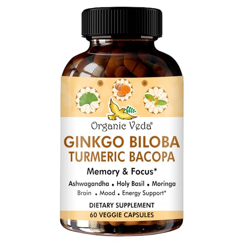 Organic Veda Brain Supplement - Enhance Memory & Focus with Turmeric & Ginkgo - 60 Capsules