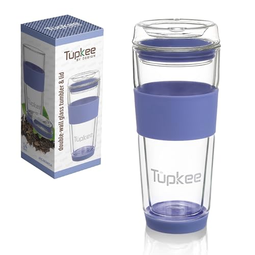 Tupkee Double Wall Glass Tumbler - Natural Taste, Leak-Proof, Hand Blown - 14oz Jacaranda