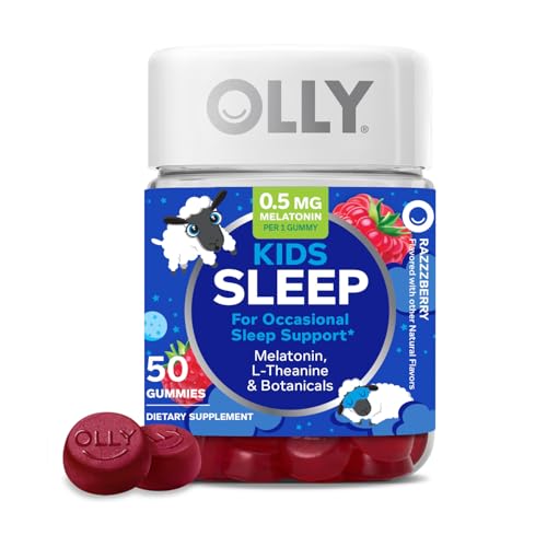 OLLY Kids Sleep Supplement - Supports Restful Nights, Raspberry Flavor, 0.5mg Melatonin - 50 Gummies