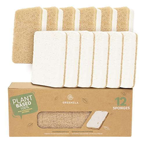 Greenzla Natural Kitchen Sponges - Plant-Based, Non-Scratch, Odor-Free - 12 Pack