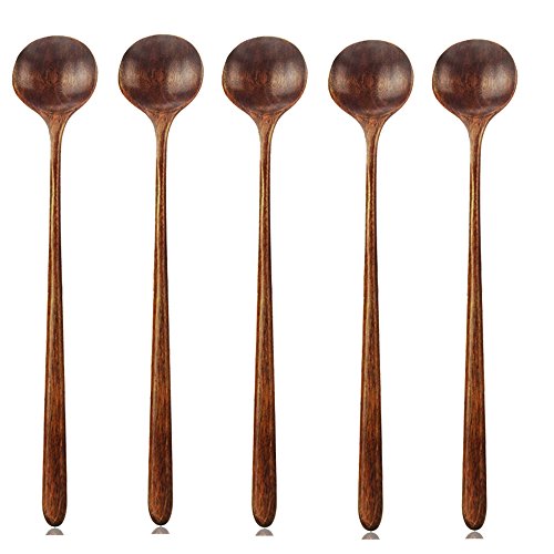 Natural Wood Long Spoons Set - Perfect for Soup & Cooking, FDA Approved - 10.9in, 5 Pieces