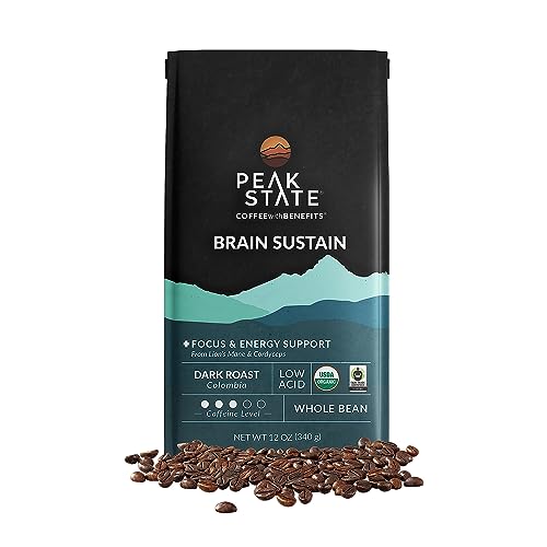 Peak State BRAIN SUSTAIN Coffee - Focus-Boosting, Organic Lion's Mane, Low Acid - 12oz Whole Bean