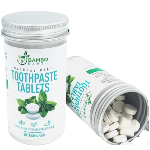 BAMBOEARTH Natural Toothpaste Tablets - Whitening, Vegan, SLS-Free, Mint & Charcoal - 200 Pack