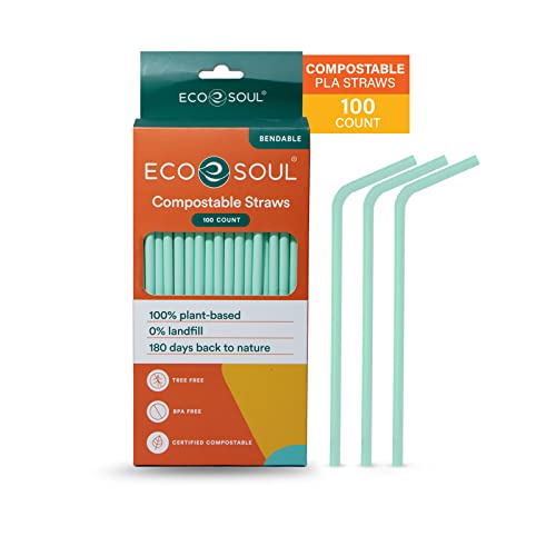 ECO SOUL Compostable Straws - 100% Biodegradable, BPA-Free, 8.25" Bendable - 100 Count