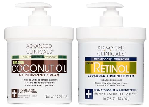 Advanced Clinicals Coconut Oil Body Lotion & Retinol Cream Set - Hydrates, Firms, Repairs - 16oz