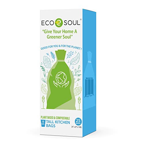 ECO SOUL Compost Bags - Heavy Duty Leak-Resistant, Biodegradable Material - 13 Gallon, Set of 25