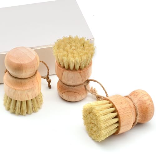 Bamboo Kitchen Scrubber Set - Natural Cleaning Brushes, Comfortable Grip - 3PC Mini Dish Brush