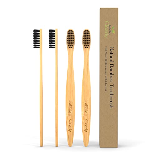 Clearly Bamboo Toothbrush Set - Gentle Charcoal Bristles, Biodegradable Bamboo, Family Pack of 4