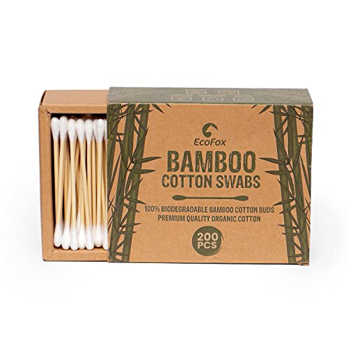 EcoFox Bamboo Cotton Swabs - Durable, Biodegradable, 100% Organic Cotton - 200 Count