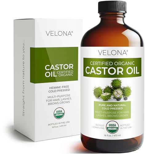 Velona USDA Organic Castor Oil - Promotes Hair Growth, Nourishes Lashes, 16 Fl Oz Glass Bottle