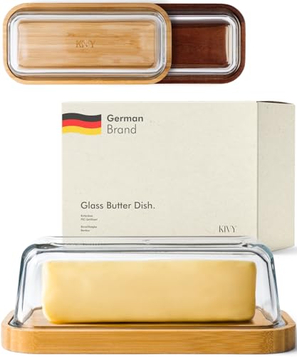 KIVY Glass Butter Dish with Airtight Lid - Keeps Butter Fresh, FSC Certified Bamboo - 7.2x3.5x2.5in