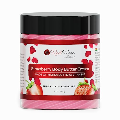 Red Rose Naturals Strawberry Body Butter - Deep Hydration, Pure Shea, Non-Greasy - 8 oz