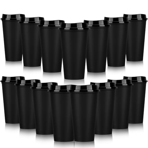 Domensi Reusable Plastic Coffee Cups - 16oz Travel Mugs with Leak-Proof Lids, 15 Pack