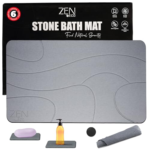 ZEN-ECO Bath Stone Mat - Quick Dry, Non-Slip, Stain-Resistant, 6-Piece Set - 23.5" x 15.5" Grey