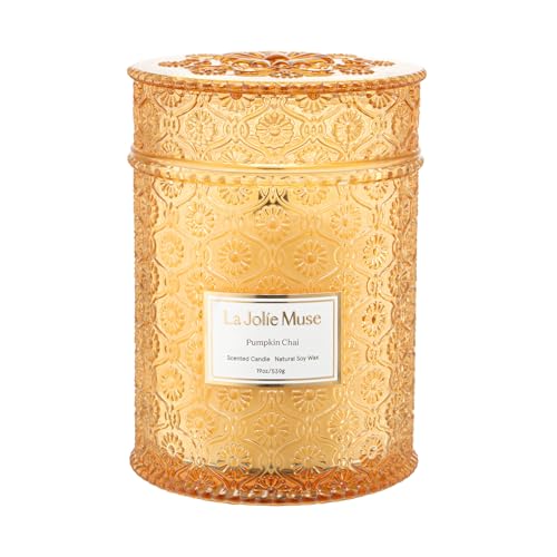 LA JOLIE MUSE Pumpkin Chai Candle - Natural Soy, Long-Lasting Aroma, Cherry Wood Wick - 19oz