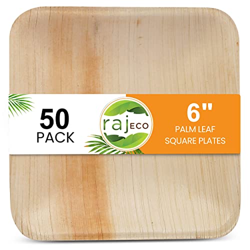 Raj Palm Leaf Plates - Durable, Biodegradable, Handcrafted Elegance - 50 Pack, 6 Inch Square