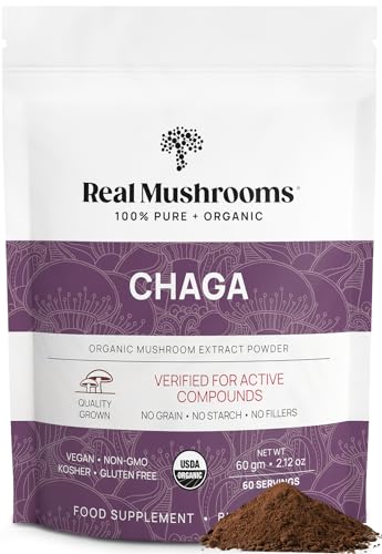 Real Mushrooms Chaga Powder - Digestive & Immune Support, 100% Pure Mushroom Extract - 60 Servings