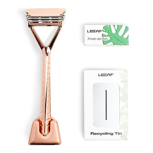 Leaf Shave Razor Set - Close, Customizable Shave, Steel Blades & Recycling Tin - Rose Gold