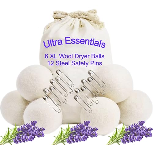 Ultra Essentials Wool Dryer Balls - Reduce Static, Natural Fabric Softener, 6 XL Balls & 12 Pins