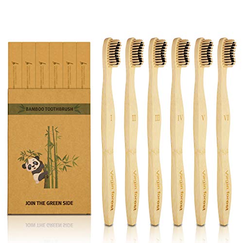 Virgin Forest Bamboo Toothbrush - Charcoal Bristles, Biodegradable Handle, 6 Pack