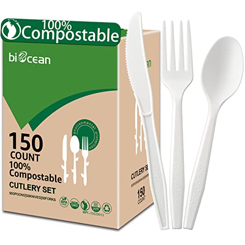 BIOCEAN Compostable Utensils - BPA-Free, Heavy Duty, Break-Resistant, 150 Pack Cutlery Set