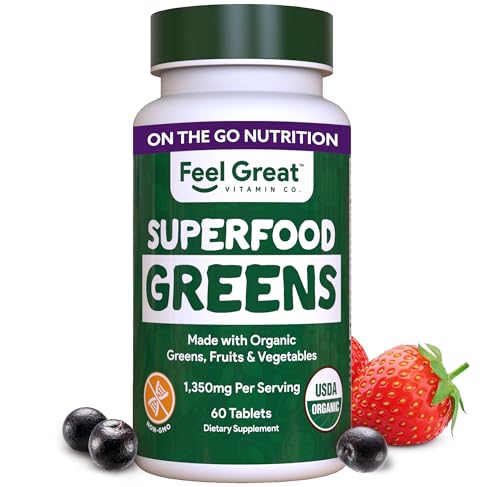 Feel Great Vitamins Super Greens Tablets - Organic Blend of 25+ Fruits & Veggies - 60 Count