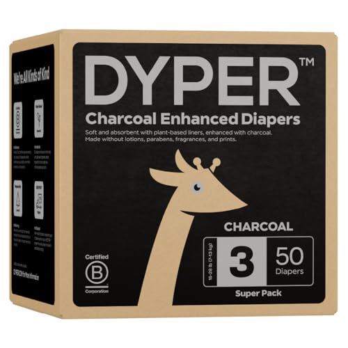 DYPER Charcoal Enhanced Diapers - Ultra Soft, Odor-Fighting, Hypoallergenic - 50 Count Size 3