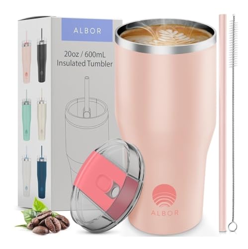 ALBOR Insulated Coffee Tumbler - Triple Insulation, Leak-Proof Design, Includes Straws - 20 oz Pink