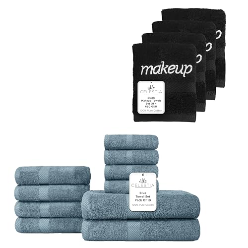 Luxury 100% Cotton Towel Bundle - Ultra Absorbent, Soft, Quick Dry - 14 Pack, Blue & Black