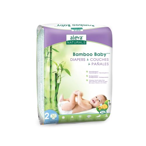 Aleva Naturals Bamboo Baby Diapers - Hypoallergenic, Ultra Soft, Biodegradable, Size 2 - 30ct